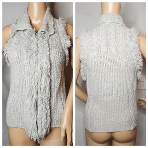 Banana Republic Alpaca Wool Grey Knit Shaggy Zip Sweater Vest Size XS Cableknit